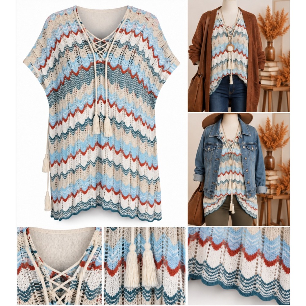Multicolor Chevron Crochet Knit Poncho Top One Size Lace Up Tassel Boho